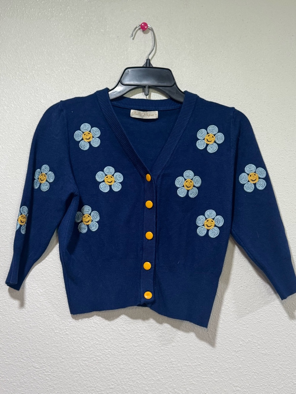 Belle Poque Embroidered Flower V-Neck Cropped Sweater Navy Blue and Yellow Small